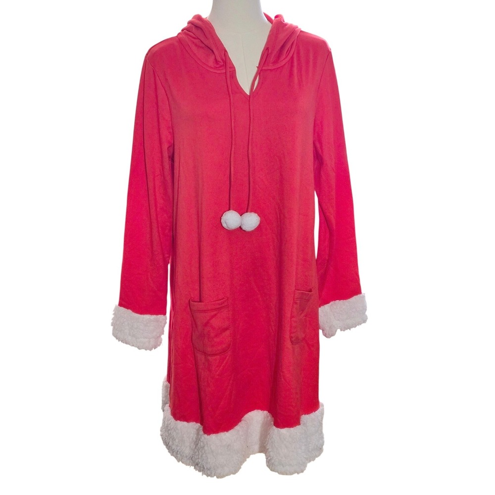 Womens XL Red Santa Hooded Dress Faux Fur Trim Pom Poms lightweight mini costume